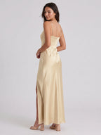 Champagne Satin Trumpet Square Neck Back Zip Floor-Length Bridesmaid Dress - Curvevia