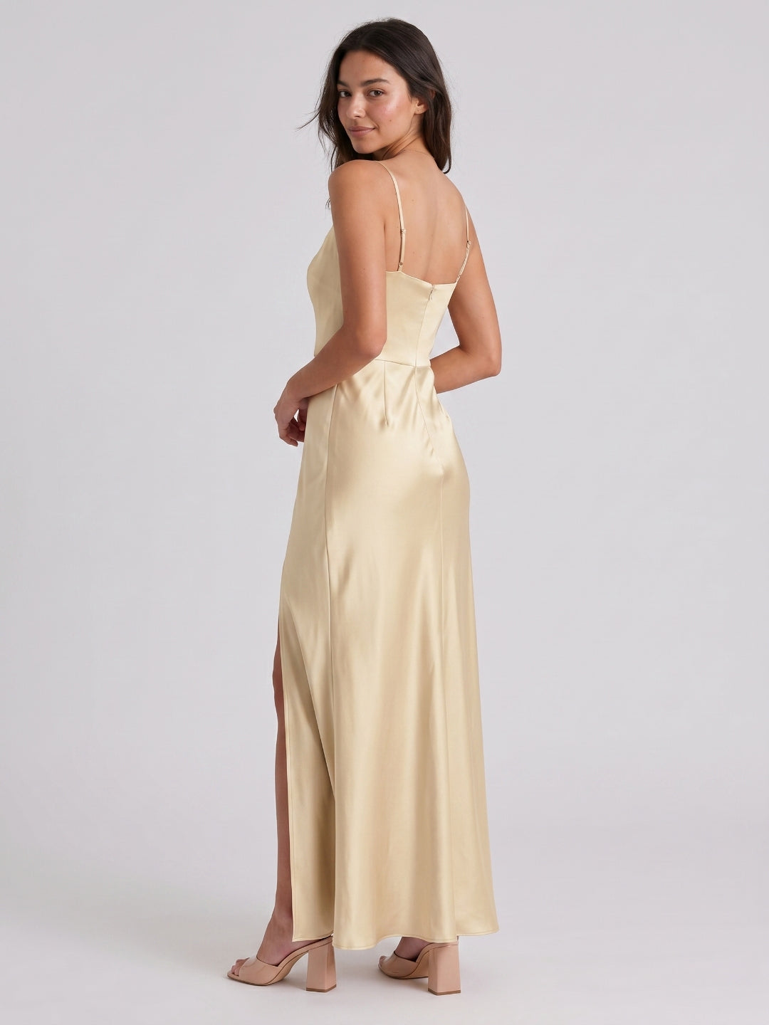 Champagne Satin Trumpet Square Neck Back Zip Floor-Length Bridesmaid Dress - Curvevia