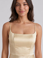 Champagne Satin Trumpet Square Neck Back Zip Floor-Length Bridesmaid Dress - Curvevia