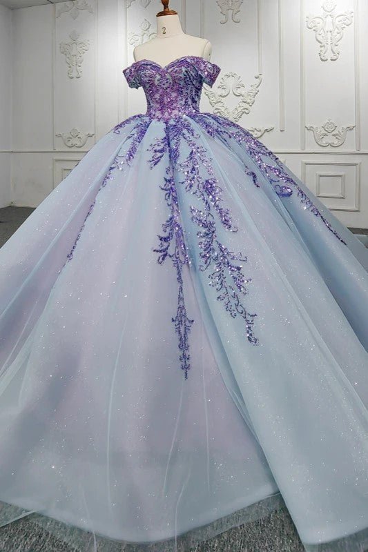 Quinceanera Dress Charming Off-the-shoulder Prom Dresses Appliques Lace Up Ball Gown with Sequins - Curvevia