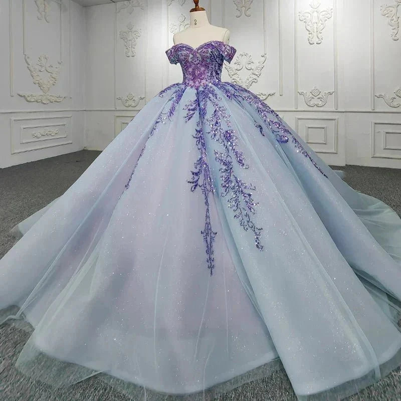 Quinceanera Dress Charming Off-the-shoulder Prom Dresses Appliques Lace Up Ball Gown with Sequins - Curvevia