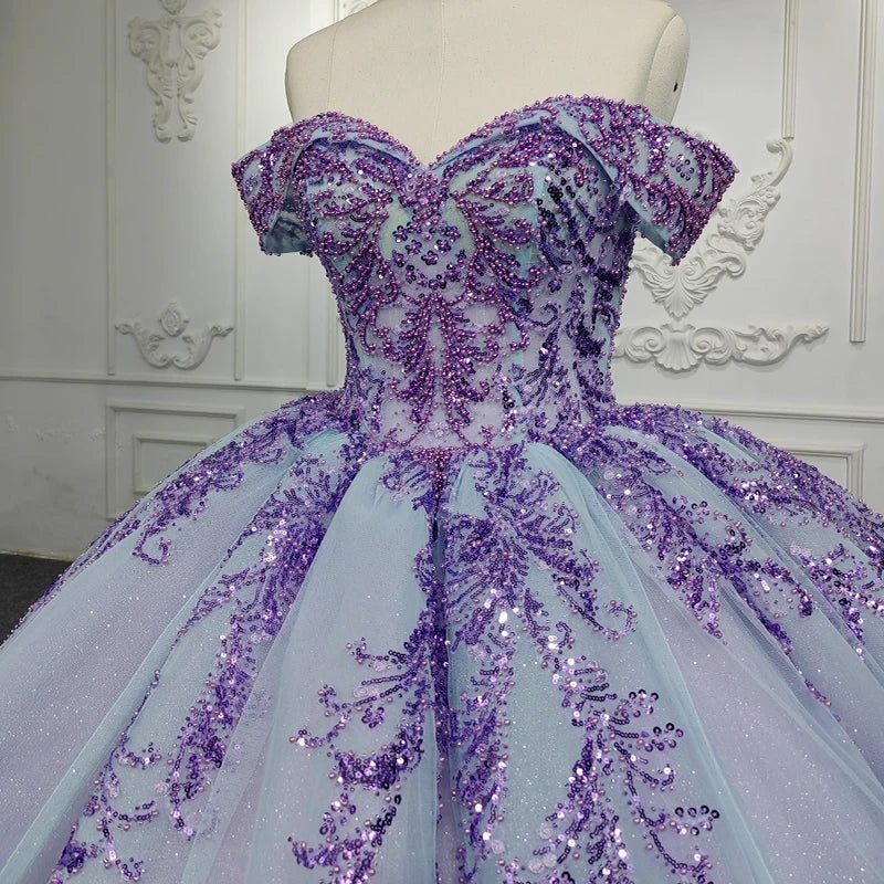 Quinceanera Dress Charming Off-the-shoulder Prom Dresses Appliques Lace Up Ball Gown with Sequins - Curvevia