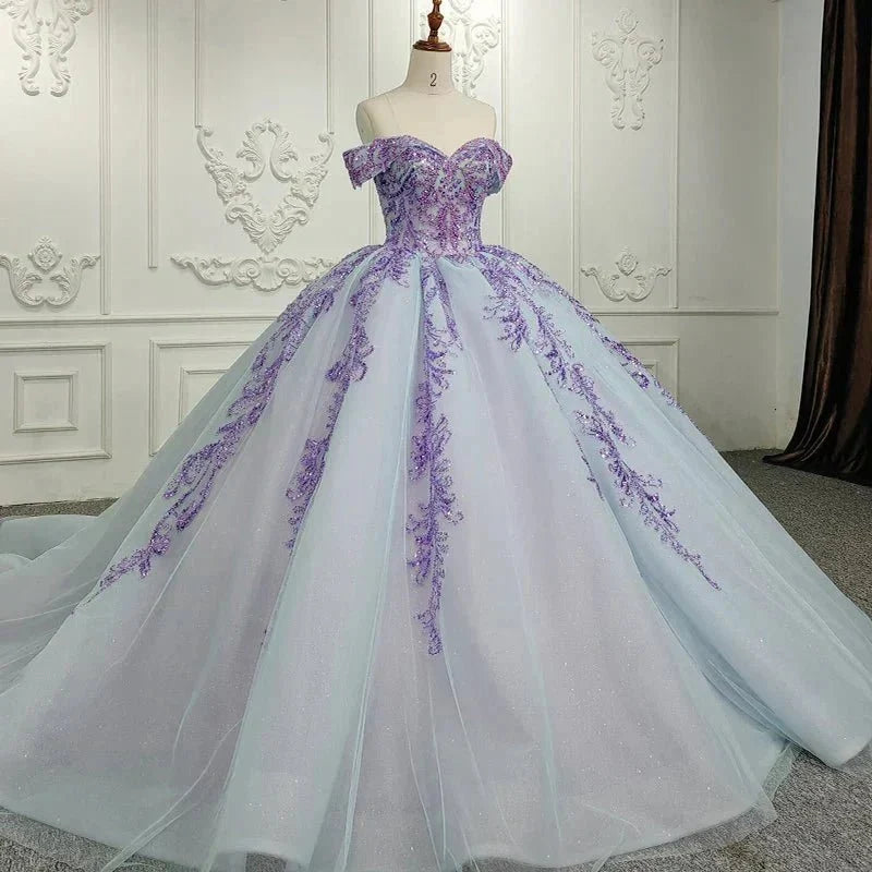 Quinceanera Dress Charming Off-the-shoulder Prom Dresses Appliques Lace Up Ball Gown with Sequins - Curvevia