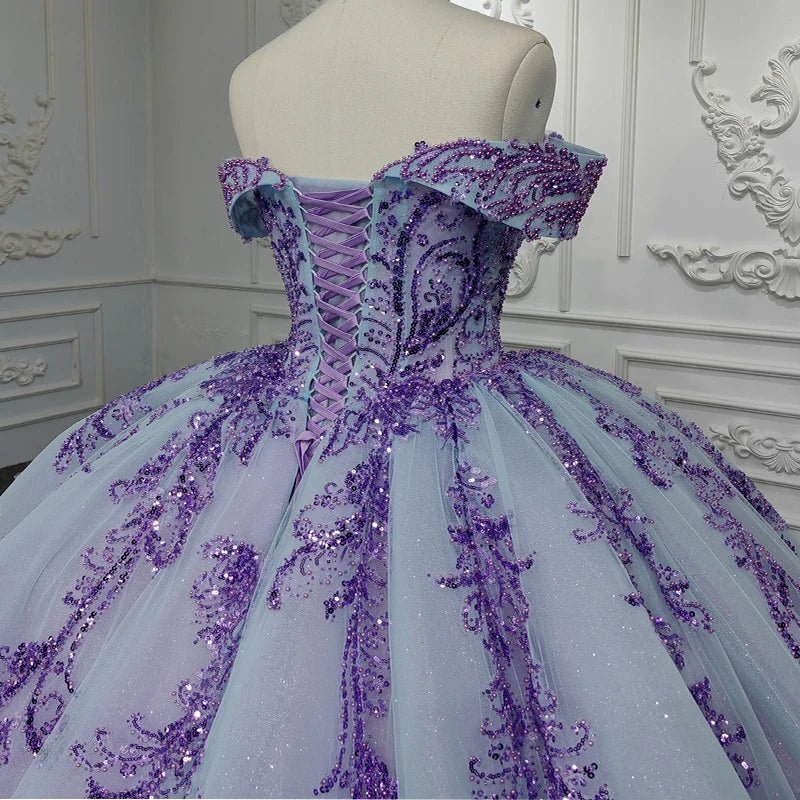 Quinceanera Dress Charming Off-the-shoulder Prom Dresses Appliques Lace Up Ball Gown with Sequins - Curvevia