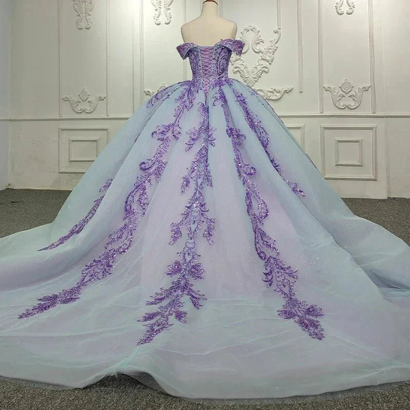 Quinceanera Dress Charming Off-the-shoulder Prom Dresses Appliques Lace Up Ball Gown with Sequins - Curvevia