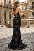 Red Sweetheart Mermaid Sequined Long Formal Prom Dresses With Slit - Curvevia