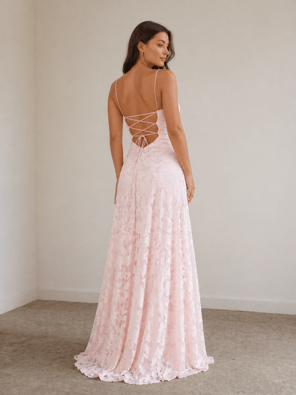 Pink A-Line Lace Floral Spaghetti Straps Long Prom Dresses - Curvevia