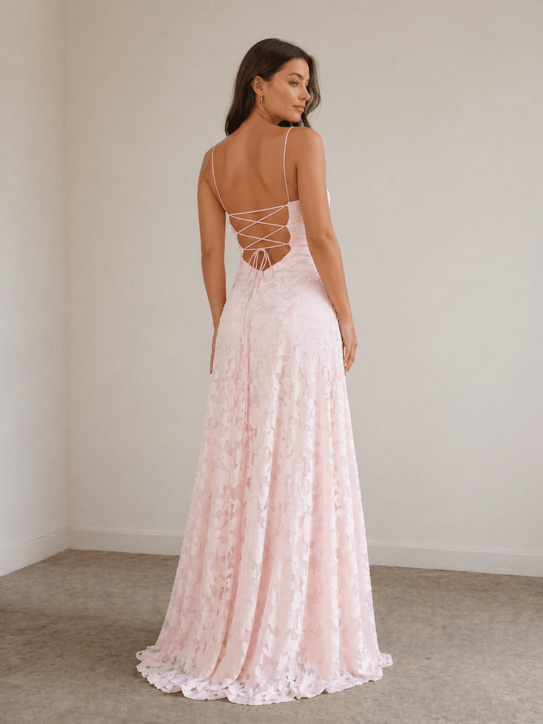 Pink A-Line Lace Floral Spaghetti Straps Long Prom Dresses - Curvevia