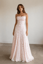 Pink A-Line Lace Floral Spaghetti Straps Long Prom Dresses - Curvevia