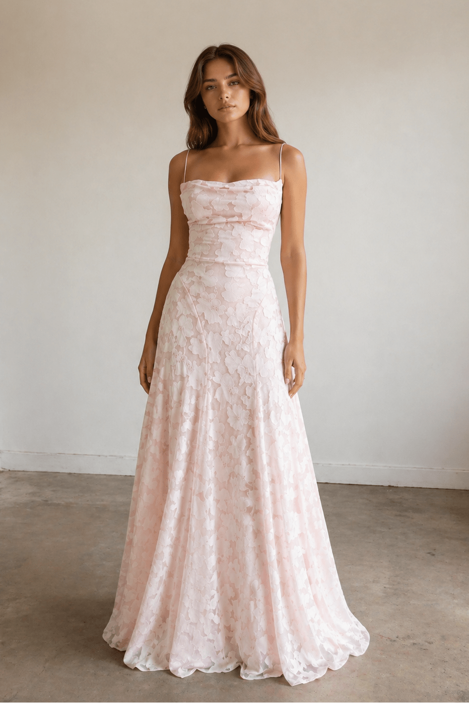Pink A-Line Lace Floral Spaghetti Straps Long Prom Dresses - Curvevia