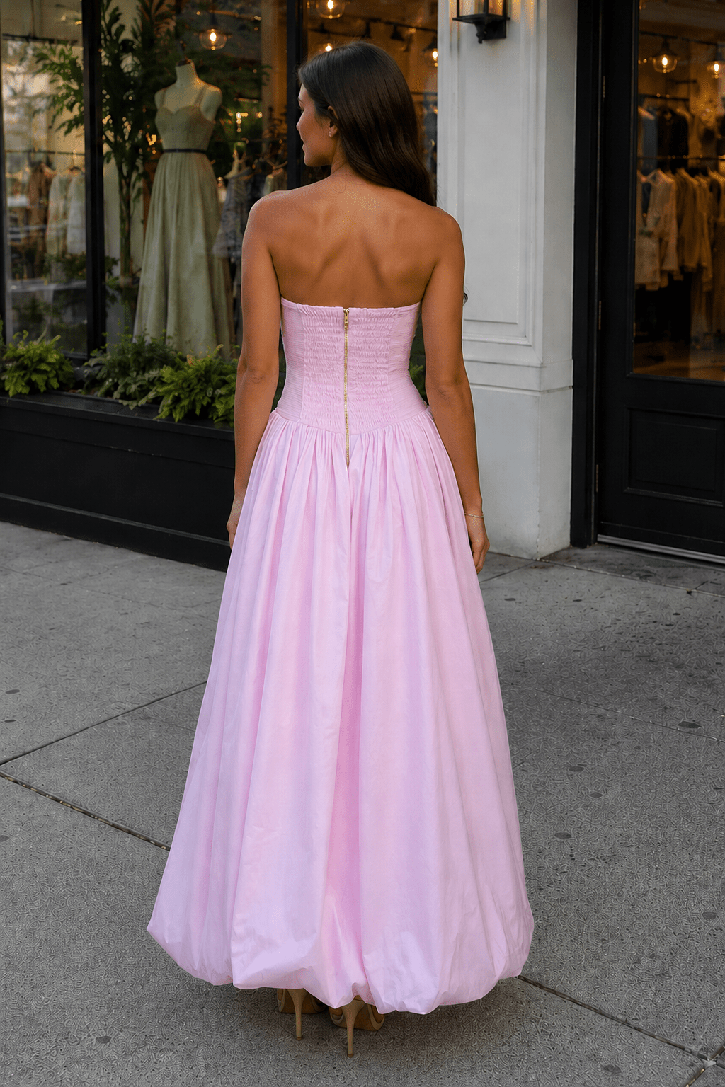 Pink Strapless A Line Satin Pleated Wedding Guest Dress With Slit - Curvevia