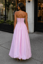 Pink Strapless A Line Satin Pleated Wedding Guest Dress With Slit - Curvevia