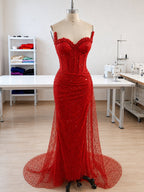 Red Sequin Mesh Mermaid Sweetheart Lace-Up Back Floor Length Dress - Curvevia
