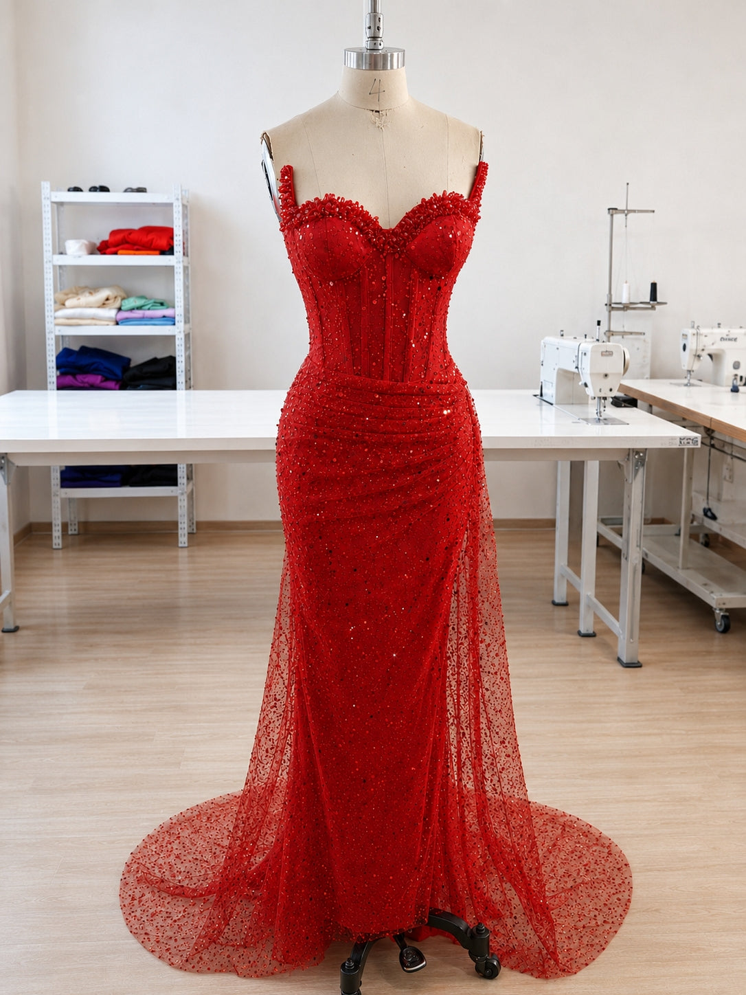 Red Sequin Mesh Mermaid Sweetheart Lace-Up Back Floor Length Dress - Curvevia