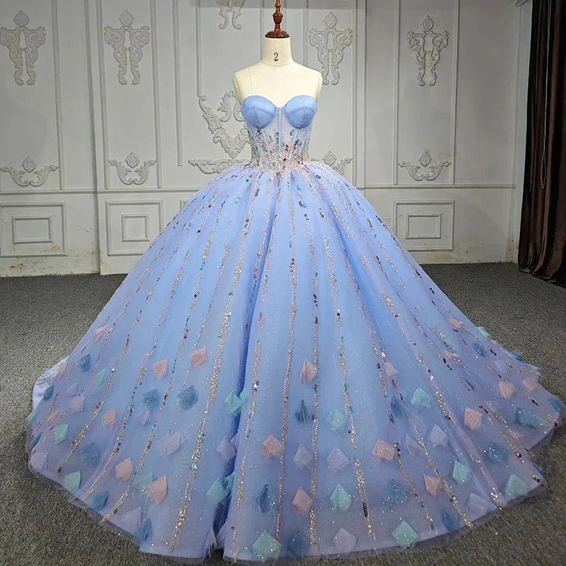 Quinceanera Dress Chic Strapless Sweep Train Evening Dresses Sweetheart Lace Up Prom Dresses - Curvevia