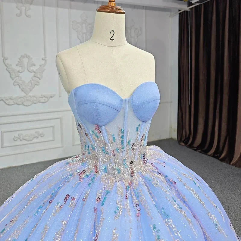 Quinceanera Dress Chic Strapless Sweep Train Evening Dresses Sweetheart Lace Up Prom Dresses - Curvevia