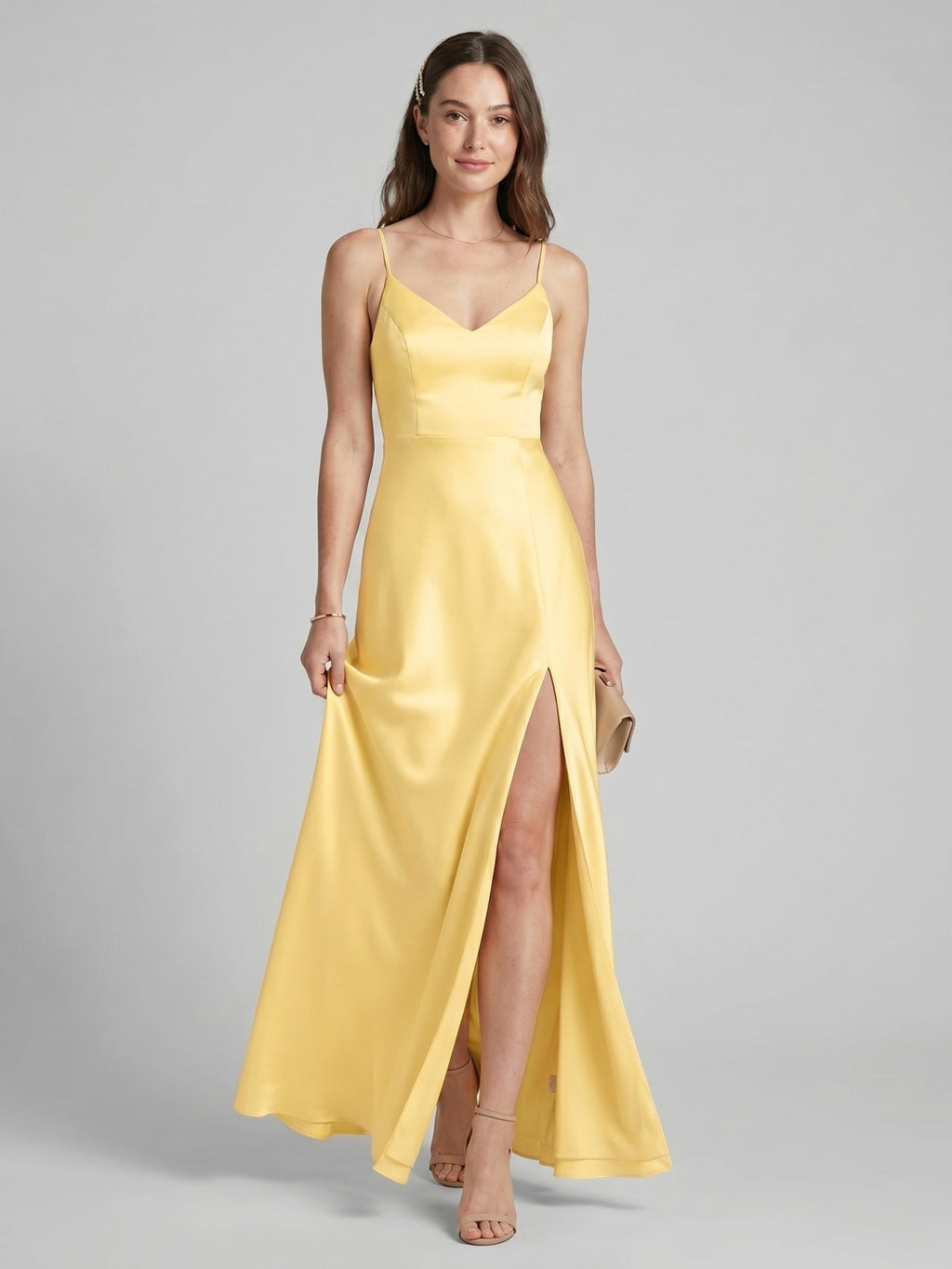 Chic Daffodil Satin A-Line V-Neck Back Zip Ankle-Length Bridesmaid Dress - Curvevia