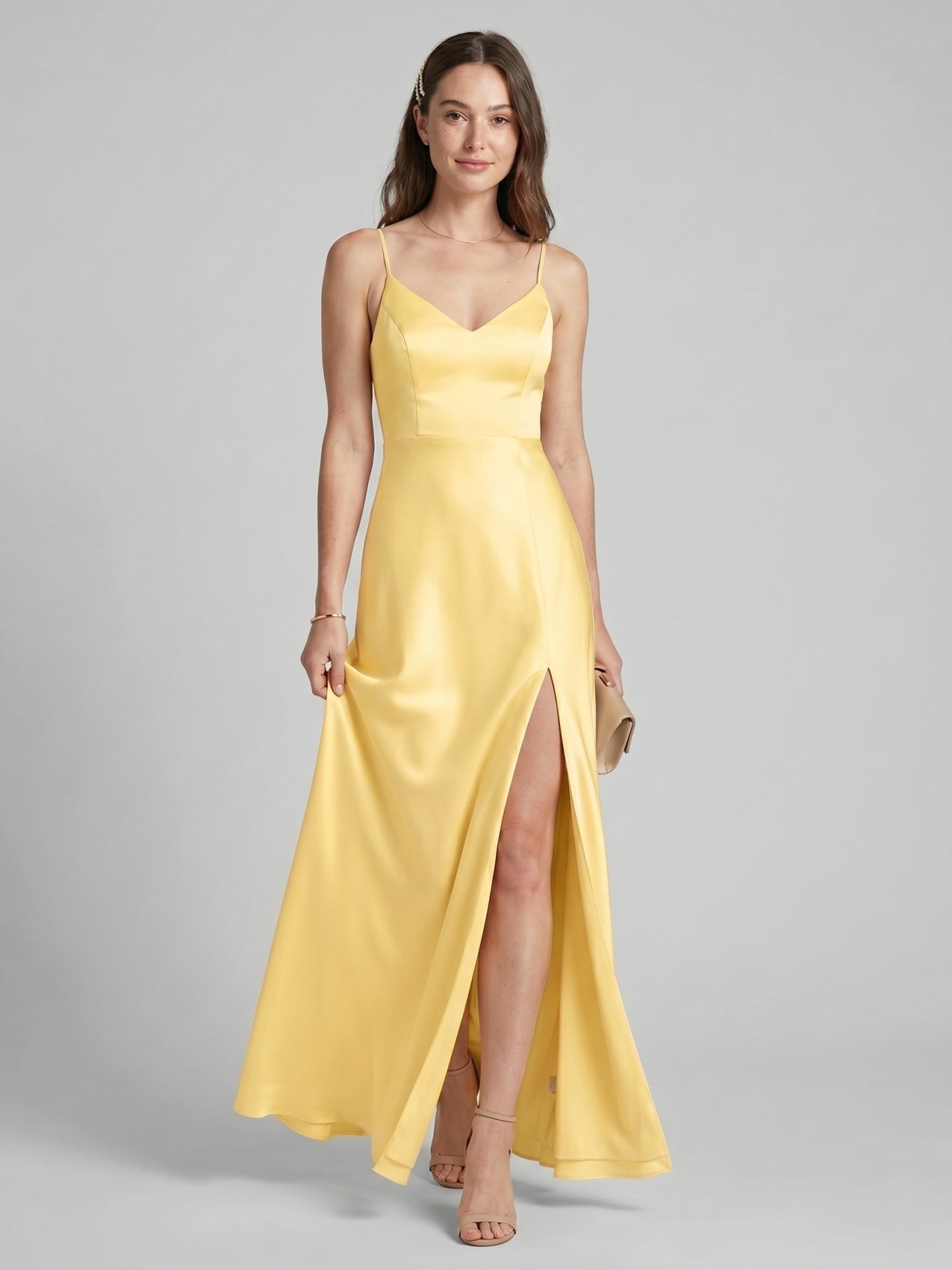Chic Daffodil Satin A-Line V-Neck Back Zip Ankle-Length Bridesmaid Dress - Curvevia