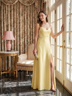 Chic Daffodil Satin A-Line V-Neck Back Zip Ankle-Length Bridesmaid Dress - Curvevia