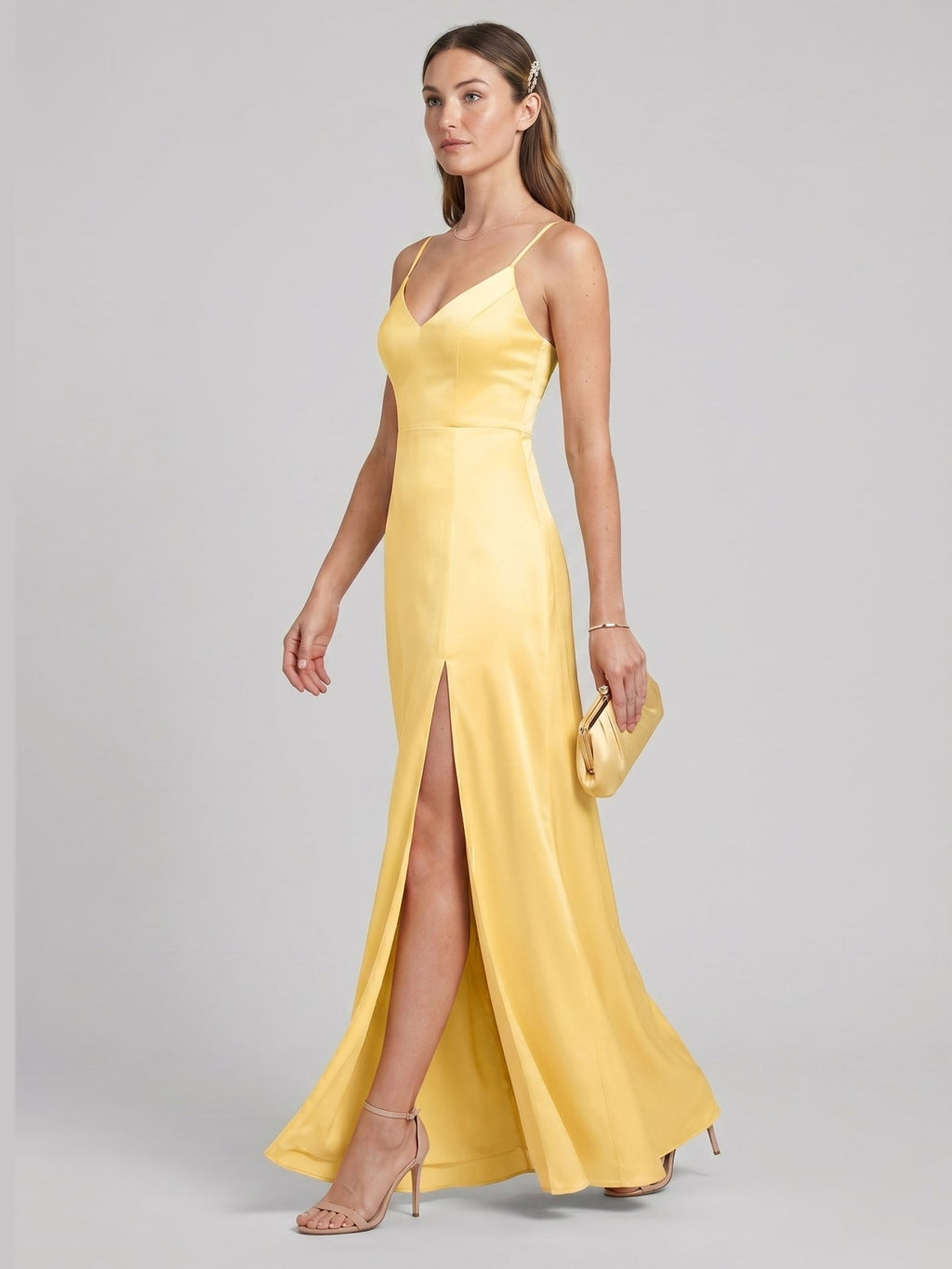 Chic Daffodil Satin A-Line V-Neck Back Zip Ankle-Length Bridesmaid Dress - Curvevia