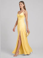 Chic Daffodil Satin A-Line V-Neck Back Zip Ankle-Length Bridesmaid Dress - Curvevia