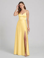 Chic Daffodil Satin A-Line V-Neck Back Zip Ankle-Length Bridesmaid Dress - Curvevia