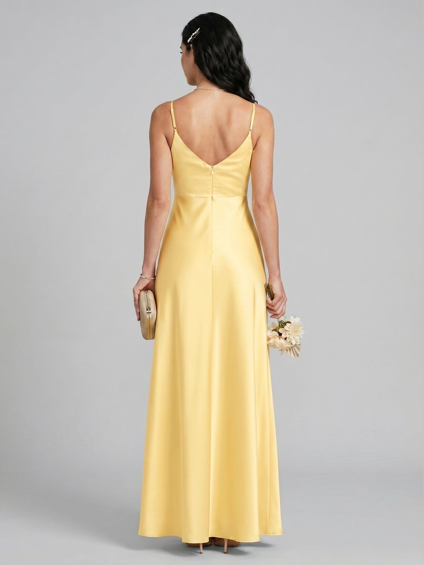 Chic Daffodil Satin A-Line V-Neck Back Zip Ankle-Length Bridesmaid Dress - Curvevia