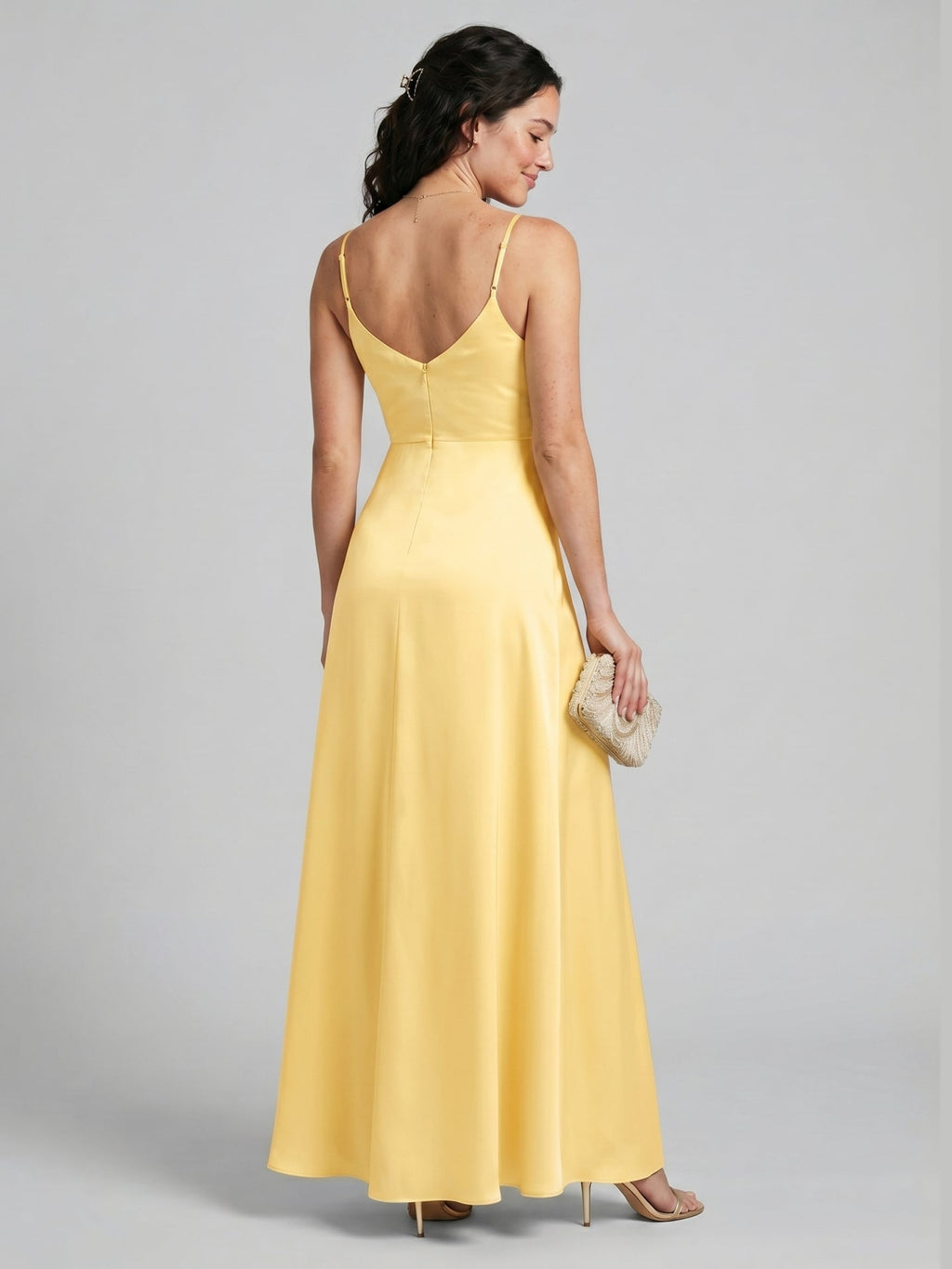 Chic Daffodil Satin A-Line V-Neck Back Zip Ankle-Length Bridesmaid Dress - Curvevia
