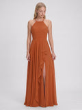 Cinnamon Chiffon A-Line Halter Criss-Cross Straps Asymmetrical Bridesmaid Dress with Ruffles - Curvevia