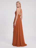 Cinnamon Chiffon A-Line Halter Criss-Cross Straps Asymmetrical Bridesmaid Dress with Ruffles - Curvevia