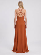 Cinnamon Chiffon A-Line Halter Criss-Cross Straps Asymmetrical Bridesmaid Dress with Ruffles - Curvevia