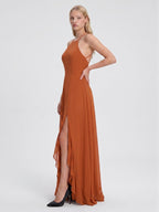 Cinnamon Chiffon A-Line Halter Criss-Cross Straps Asymmetrical Bridesmaid Dress with Ruffles - Curvevia