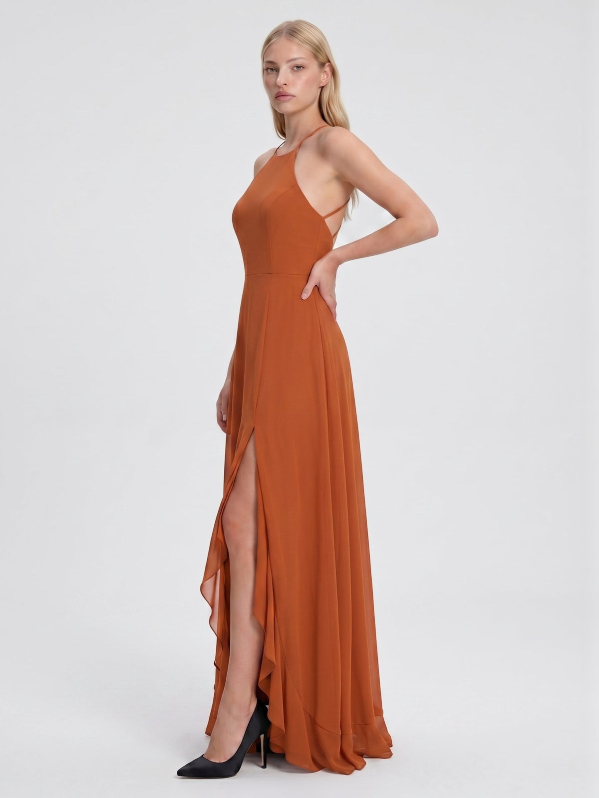 Cinnamon Chiffon A-Line Halter Criss-Cross Straps Asymmetrical Bridesmaid Dress with Ruffles - Curvevia