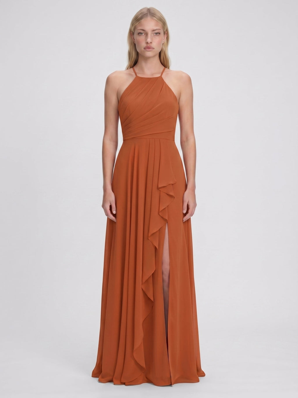 Cinnamon Chiffon A-Line Halter Criss-Cross Straps Asymmetrical Bridesmaid Dress with Ruffles - Curvevia