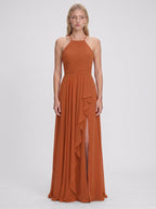 Cinnamon Chiffon A-Line Halter Criss-Cross Straps Asymmetrical Bridesmaid Dress with Ruffles - Curvevia