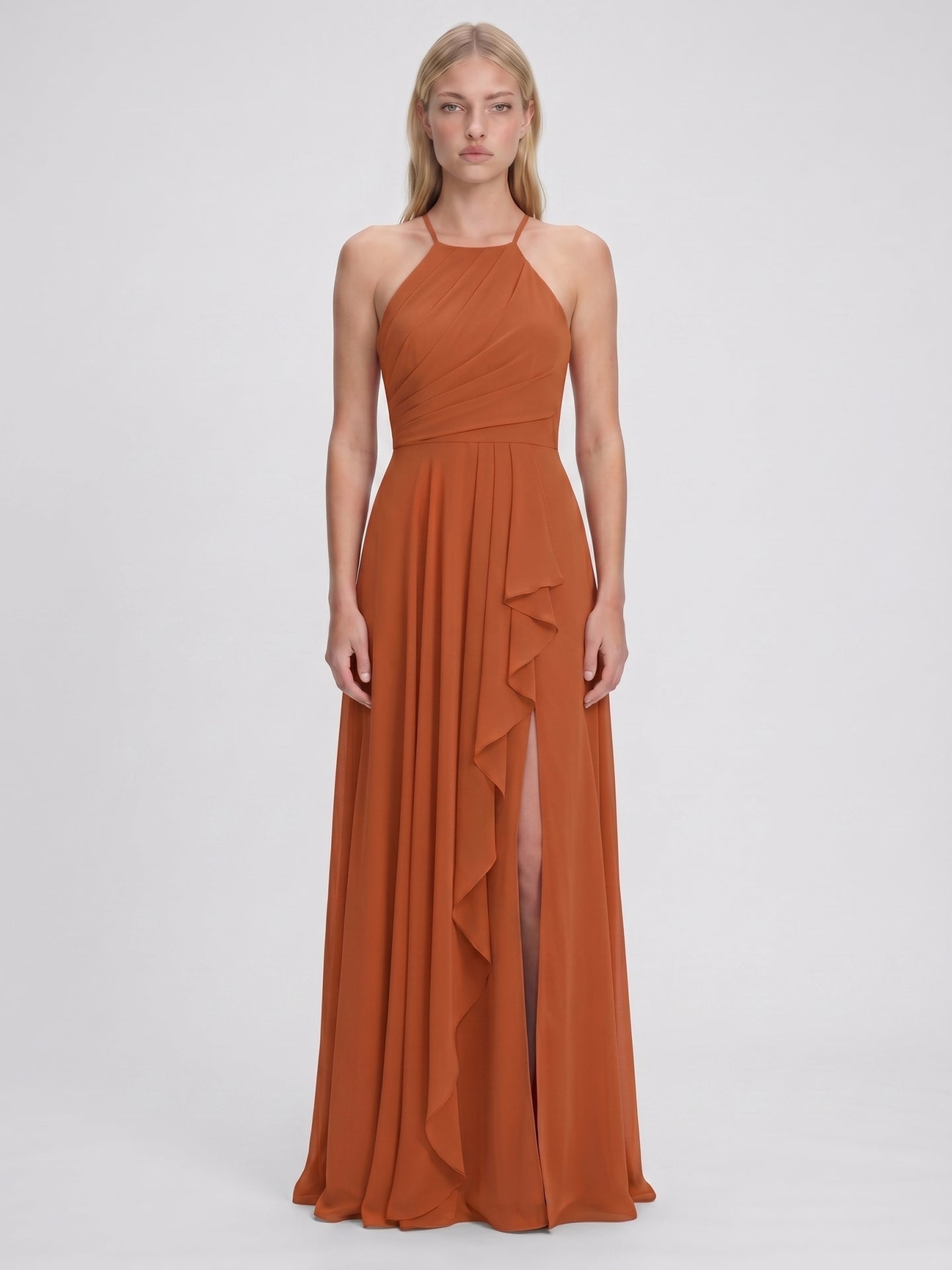 Cinnamon Chiffon A-Line Halter Criss-Cross Straps Asymmetrical Bridesmaid Dress with Ruffles - Curvevia