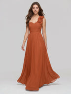 Cinnamon Chiffon A-Line One Shoulder Back Zip Floor-Length Bridesmaid Dress with 3D Flowers - Curvevia