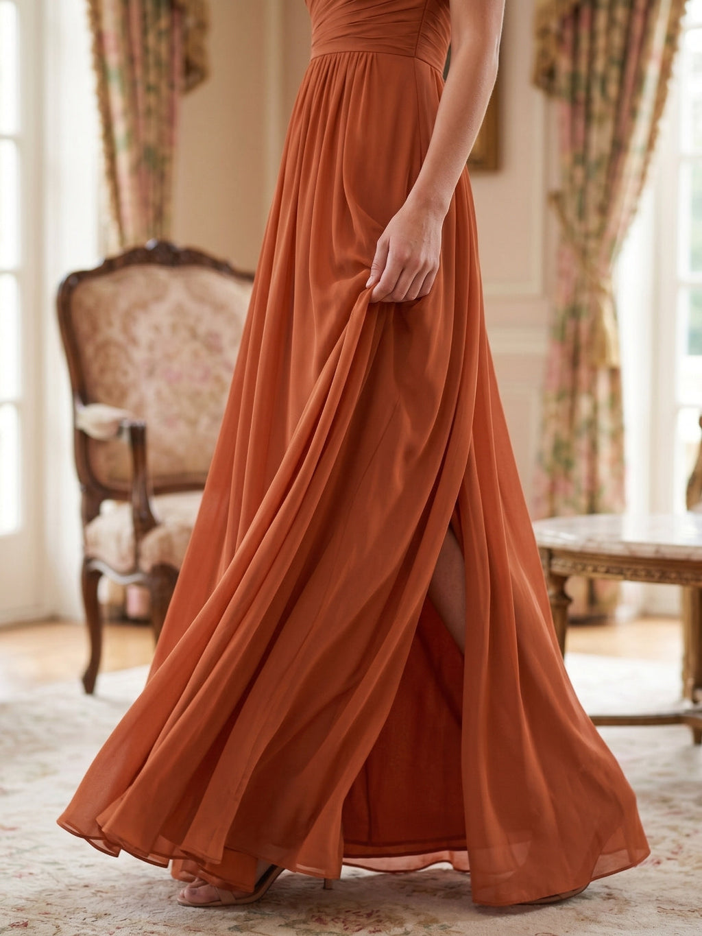 Cinnamon Chiffon A-Line One Shoulder Back Zip Floor-Length Bridesmaid Dress with 3D Flowers - Curvevia