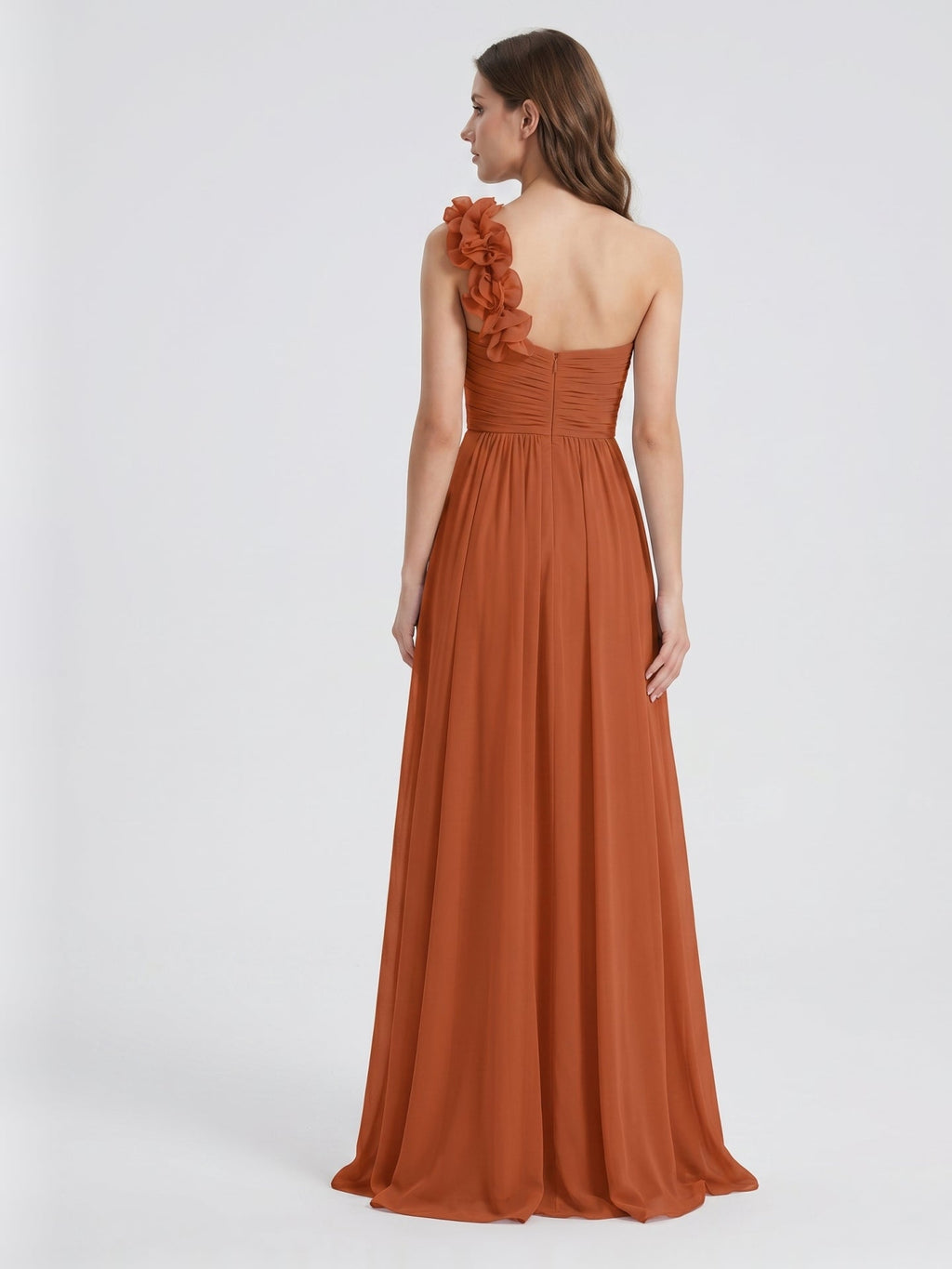 Cinnamon Chiffon A-Line One Shoulder Back Zip Floor-Length Bridesmaid Dress with 3D Flowers - Curvevia