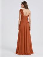 Cinnamon Chiffon A-Line One Shoulder Back Zip Floor-Length Bridesmaid Dress with 3D Flowers - Curvevia