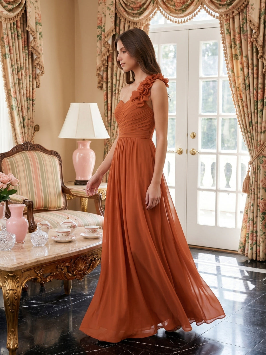 Cinnamon Chiffon A-Line One Shoulder Back Zip Floor-Length Bridesmaid Dress with 3D Flowers - Curvevia
