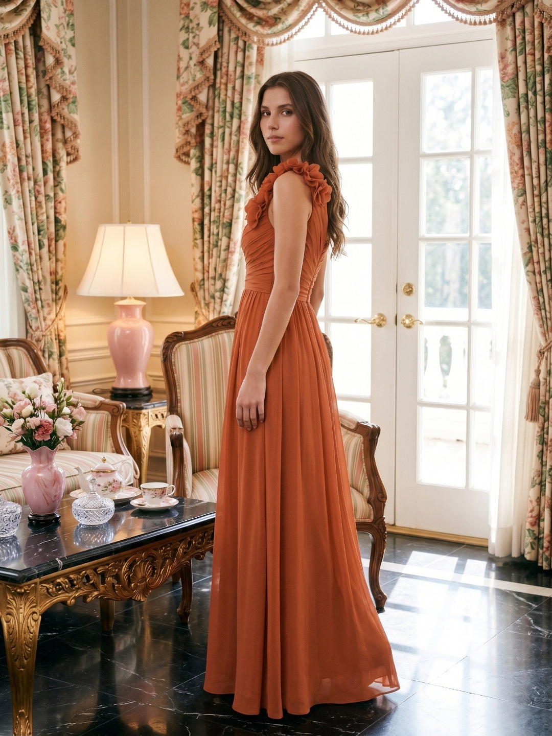 Cinnamon Chiffon A-Line One Shoulder Back Zip Floor-Length Bridesmaid Dress with 3D Flowers - Curvevia