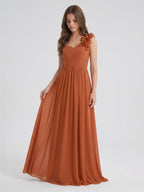 Cinnamon Chiffon A-Line One Shoulder Back Zip Floor-Length Bridesmaid Dress with 3D Flowers - Curvevia
