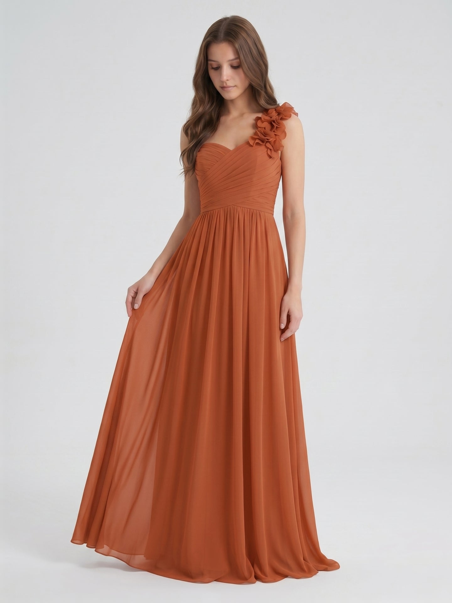 Cinnamon Chiffon A-Line One Shoulder Back Zip Floor-Length Bridesmaid Dress with 3D Flowers - Curvevia