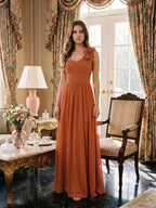 Cinnamon Chiffon A-Line One Shoulder Back Zip Floor-Length Bridesmaid Dress with 3D Flowers - Curvevia