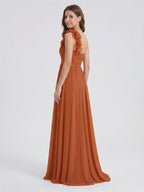 Cinnamon Chiffon A-Line One Shoulder Back Zip Floor-Length Bridesmaid Dress with 3D Flowers - Curvevia