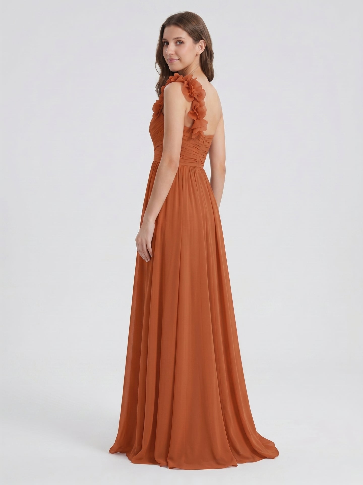 Cinnamon Chiffon A-Line One Shoulder Back Zip Floor-Length Bridesmaid Dress with 3D Flowers - Curvevia
