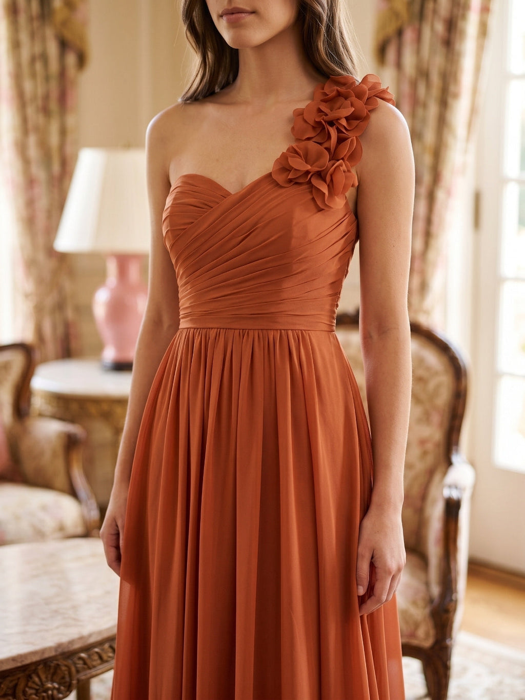 Cinnamon Chiffon A-Line One Shoulder Back Zip Floor-Length Bridesmaid Dress with 3D Flowers - Curvevia