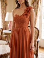 Cinnamon Chiffon A-Line One Shoulder Back Zip Floor-Length Bridesmaid Dress with 3D Flowers - Curvevia