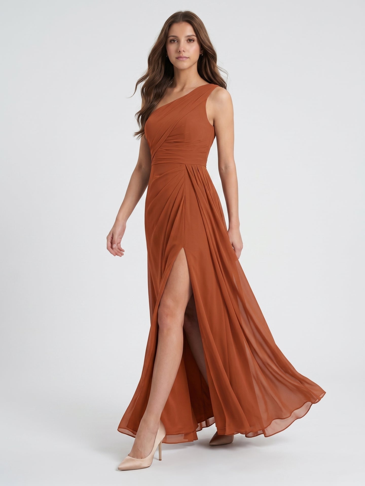 Cinnamon Chiffon A-Line One Shoulder Back Zip Floor-Length Bridesmaid Dress with Ruffles - Curvevia